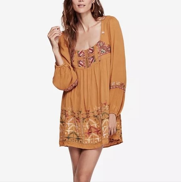 Free People Rhiannon Mustard Embroidered Mini Dress Boho - Sz Small - Picture 1 of 15